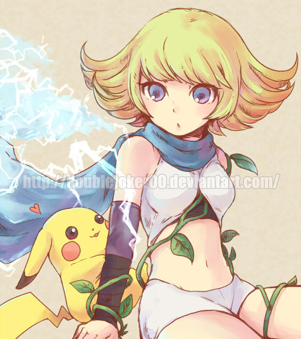 1girl, blonde_hair, blue_eyes, blue_scarf, breasts, electricity, eleka, gen_1_pokemon