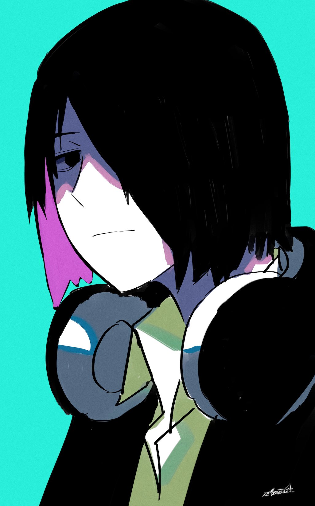 1boy, bags_under_eyes, black_eyes, black_jacket, blue_background, closed_mouth, colored_inner_hair, hair_over_one_eye