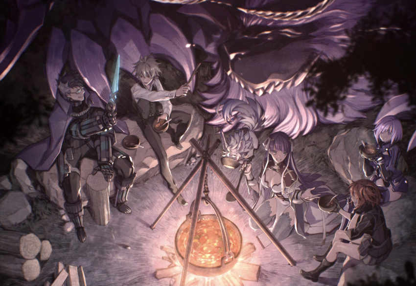 2boys, 3girls, bowl, campfire, cape, cooking, dagger, dragon