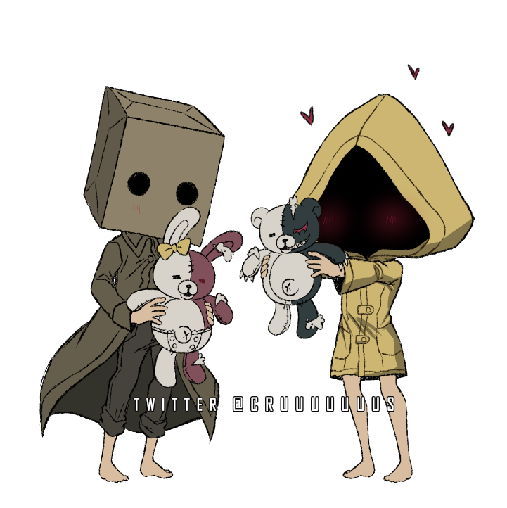 2others, alternate_color, bag, barefoot, blush, box, brown_coat, brown_pants