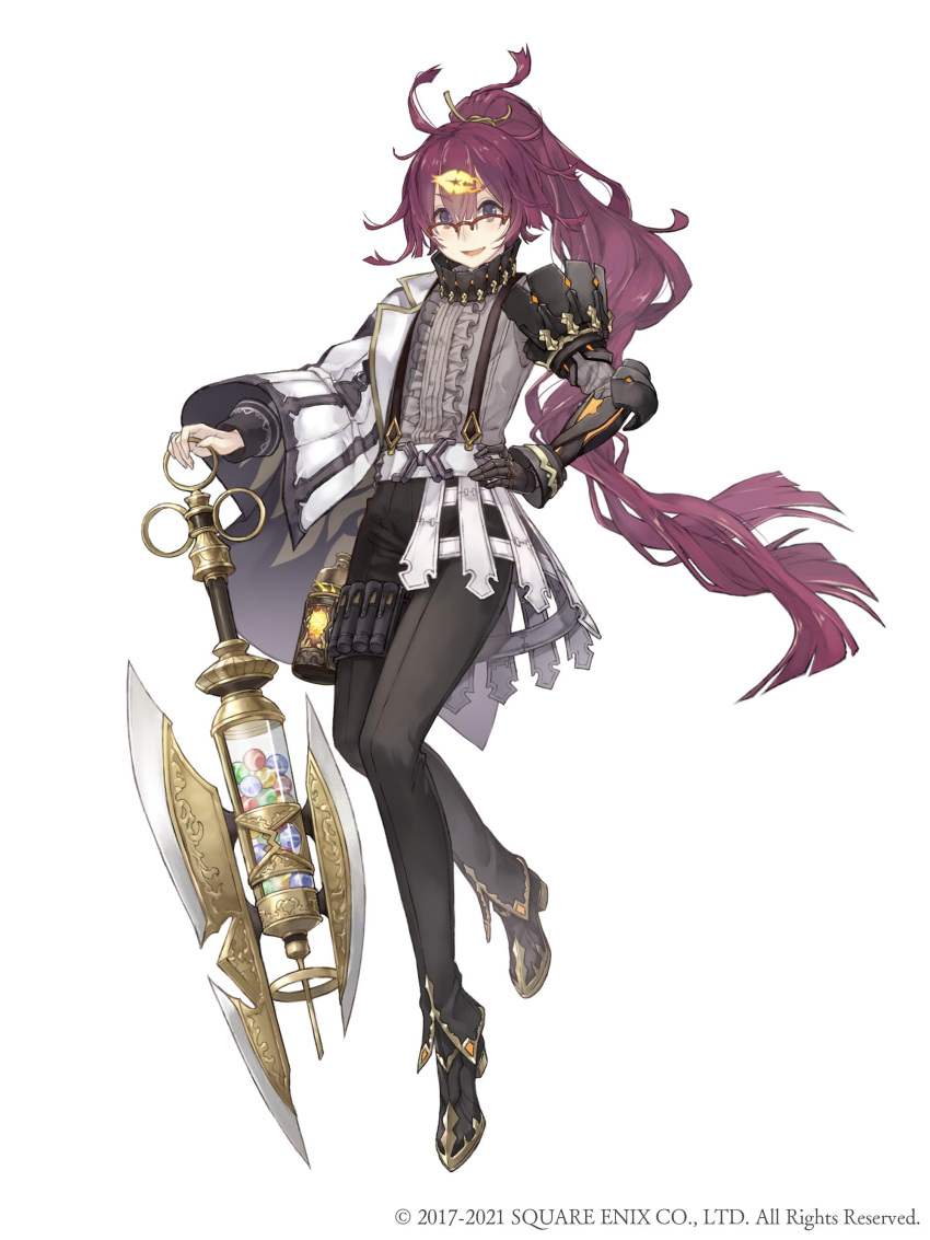 1girl, :d, absurdres, asymmetrical_sleeves, blue_eyes, canister, crossdressing, dorothy_(sinoalice), eyebrows_visible_through_hair, full_body, gauntlets, glasses, gold_trim, hair_ornament, hairclip, hand_on_hip, highres, ji_no, long_hair, looking_at_viewer, messy_hair, official_art, open_mouth, over-rim_eyewear, pants, ponytail, purple_hair, reverse_trap, semi-rimless_eyewear, single_gauntlet, sinoalice, smile, solo, square_enix, syringe, thigh_strap, very_long_hair, weapon, white_background