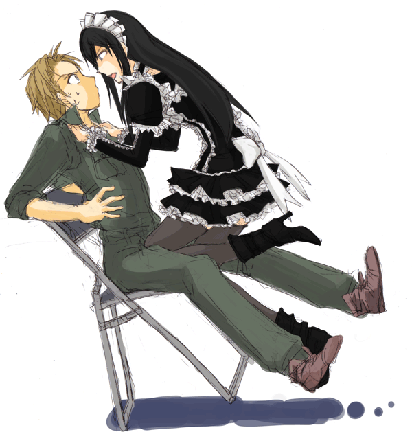 black_hair, boots, chair, crossdressinging, dress, frills, gothic_lolita, groin_kick