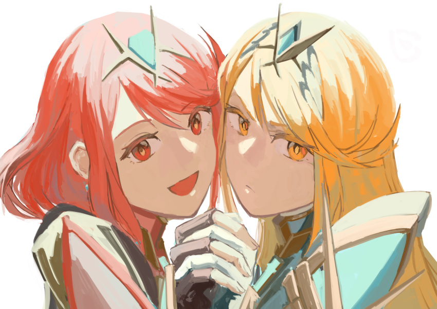 2girls, absurdres, bangs, black_gloves, blonde_hair, blush, breasts, chest_jewel