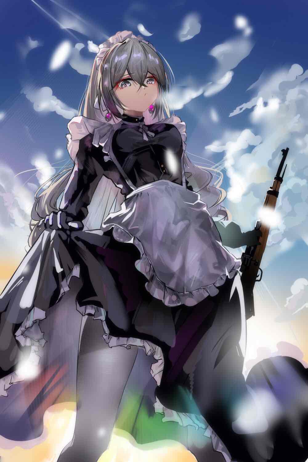 1girl, breasts, bronya_zaychik, clouds, drill_hair, earrings, grey_eyes, highres