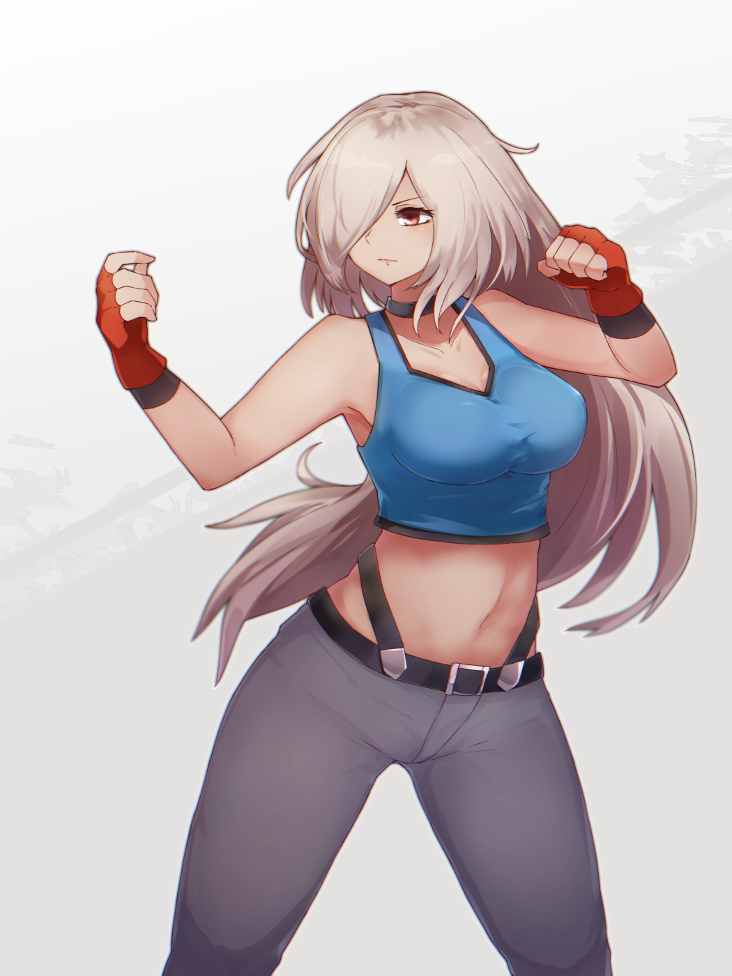 1girl, albina, belt, belt_buckle, black_choker, blue_tank_top, breasts, buckle, choker, clenched_hands, closed_mouth, collarbone, commission, fighting_stance, fingerless_gloves, gloves, hair_over_one_eye, highres, light_blush, long_hair, midriff, navel, pixiv_request, red_eyes, red_gloves, serious, simple_background, solo, tank_top, the_king_of_fighters, yonaga