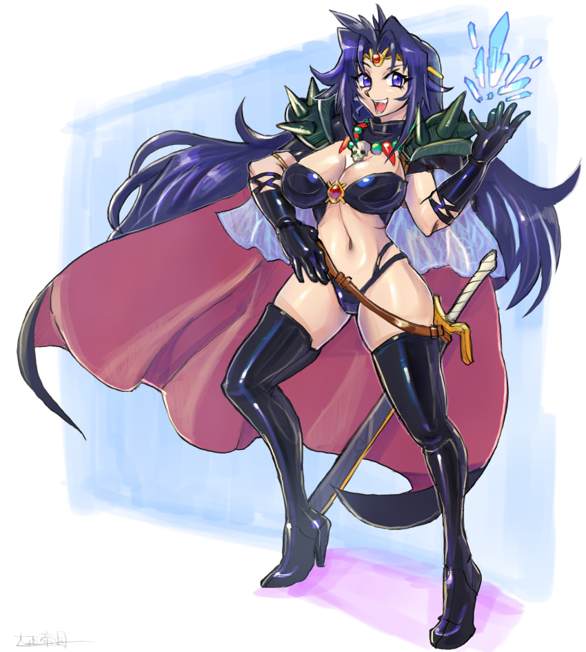 1girl, armor, bangs, bikini, bikini_bottom, black_bikini, black_cape, blue_eyes