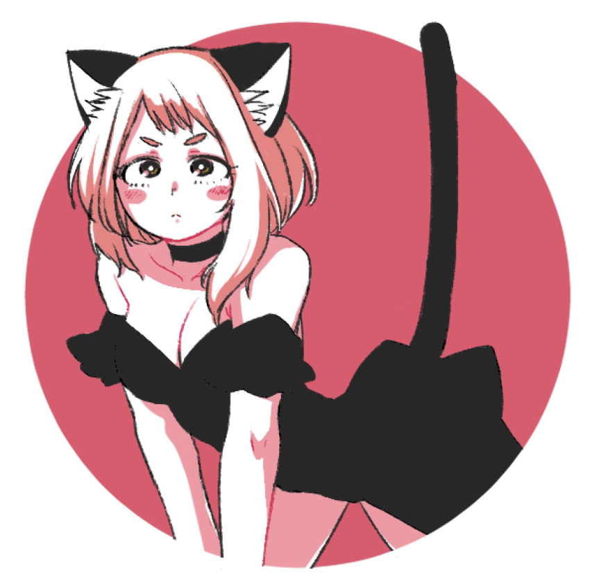 1girl, 326xxx1, all_fours, animal_ears, bangs, bare_arms, bare_legs, barefoot, black_dress, bob_cut, boku_no_hero_academia, breasts, cat_ears, cat_girl, cat_tail, closed_mouth, dress, eyebrows, greyscale, hands_on_floor, highres, monochrome, red_background, redrawn, short_hair, sidelocks, simple_background, solo, strapless, strapless_dress, tail, uraraka_ochako