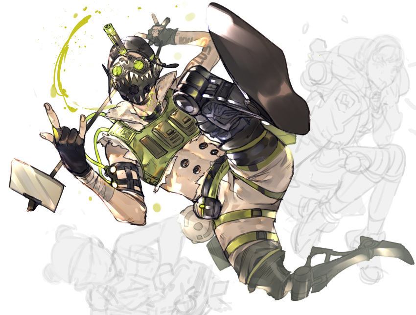 1boy, 2girls, \n/, absurdres, apex_legends, arm_tattoo, bandaged_arm, bandages, cropped_vest, goggles, green_vest, highres, holding, holding_stick, lifeline_(apex_legends), mask, mayutsuba_mono, mechanical_legs, midriff, mouth_mask, multiple_girls, navel, octane_(apex_legends), prosthesis, prosthetic_leg, selfie_stick, sketch, stick, syringe, syringe_in_head, tattoo, veins, vest, wattson_(apex_legends), white_background