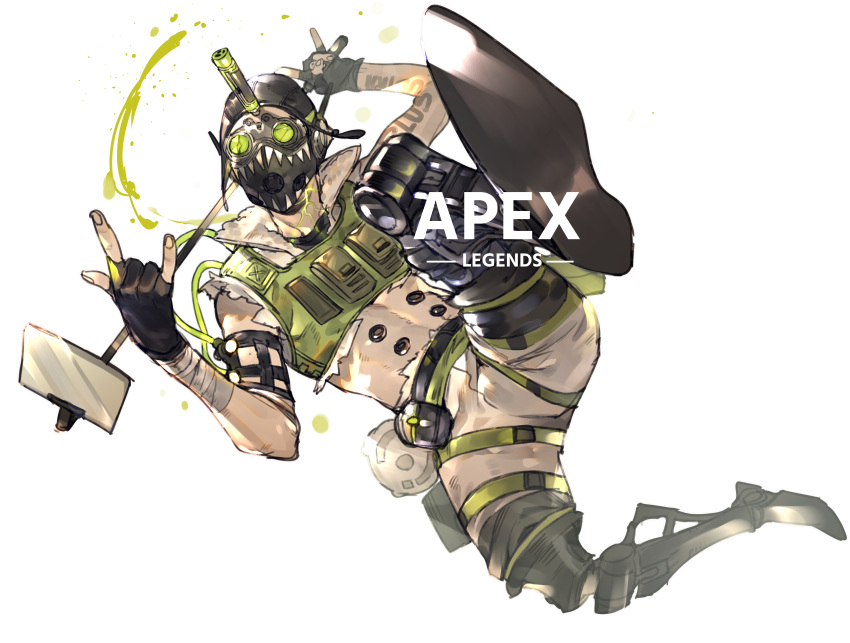1boy, \n/, absurdres, apex_legends, arm_tattoo, bandaged_arm, bandages, copyright_name