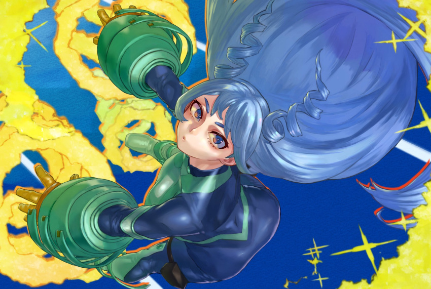 1girl, blue_background, blue_eyes, blue_hair, bodysuit, boku_no_hero_academia, commentary_request, drill_hair, gloves, hadou_nejire, hair_horns, highres, long_hair, looking_at_viewer, pursed_lips, simple_background, skin_tight, solo, spiral, twin_drills, very_long_hair, yellow_gloves, yomoyama_yotabanashi