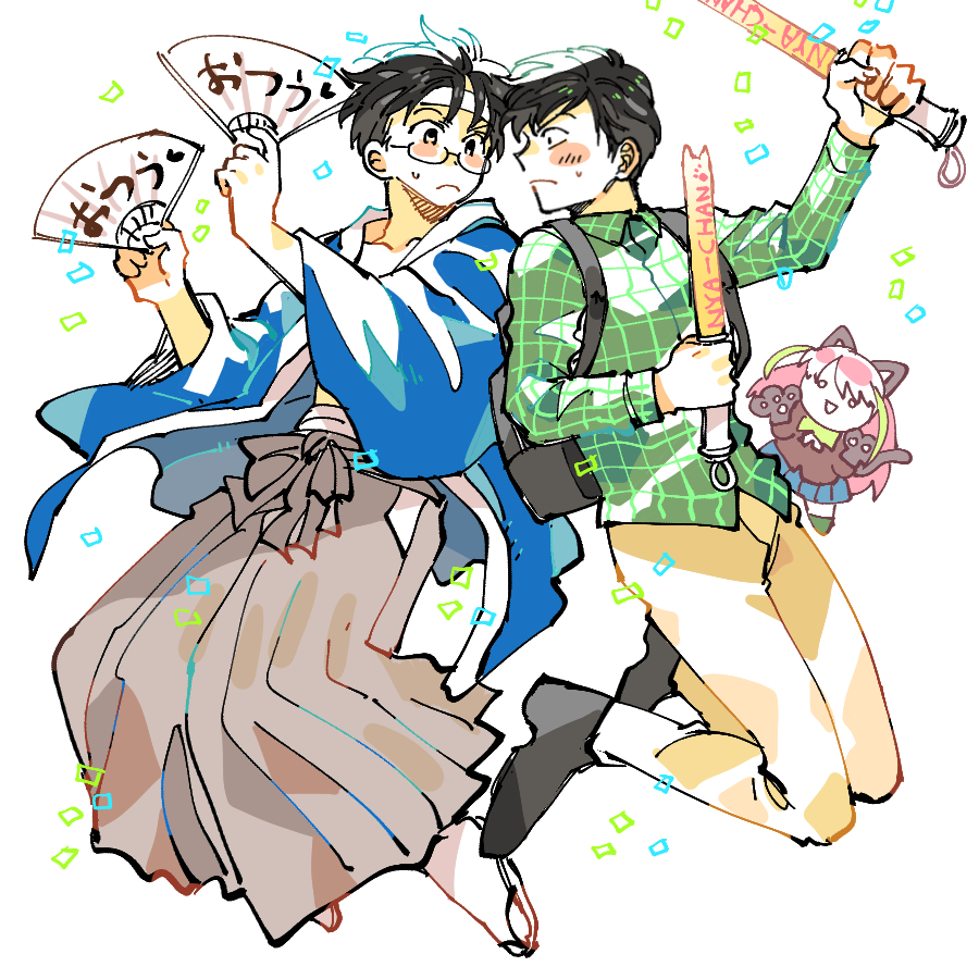 backpack, bag, black_hair, crossover, dandalian, denim, flannel, gintama