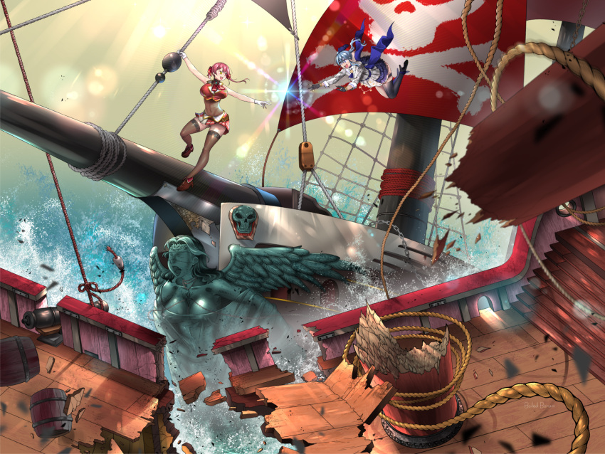 2girls, :d, angel, ankle_boots, barrel, blue_eyes, blue_hair, blue_skirt, boots, breasts, brown_footwear, brown_legwear, cannon, collision, commentary_request, day, debris, destruction, figurehead_(boat), flying, hair_blowing, heterochromia, highres, holding, holding_rope, hololive, hoshimachi_suisei, houshou_marine, large_breasts, lens_flare, leotard, long_sleeves, looking_at_another, mast, microskirt, multiple_girls, one_side_up, open_mouth, outdoors, outstretched_arms, outstretched_hand, pirate_ship, plaid, plaid_shirt, red_eyes, red_shirt, red_skirt, redhead, rope, sail, ship, shirt, skirt, skull_and_crossbones, smile, spread_arms, standing, thigh-highs, virtual_youtuber, water, watercraft, yellow_eyes, zardyui, zettai_ryouiki