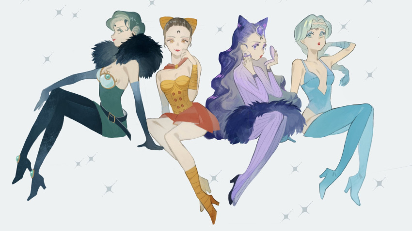 4girls, aqua_hair, arm_up, belt, beruche_(sailor_moon), bishoujo_senshi_sailor_moon, black_footwear, black_moon_clan