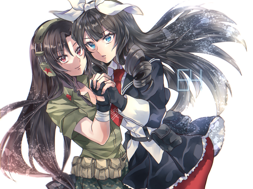 2girls, belt_pouch, black_gloves, black_hair, blue_eyes, bow, brown_hair, camouflage