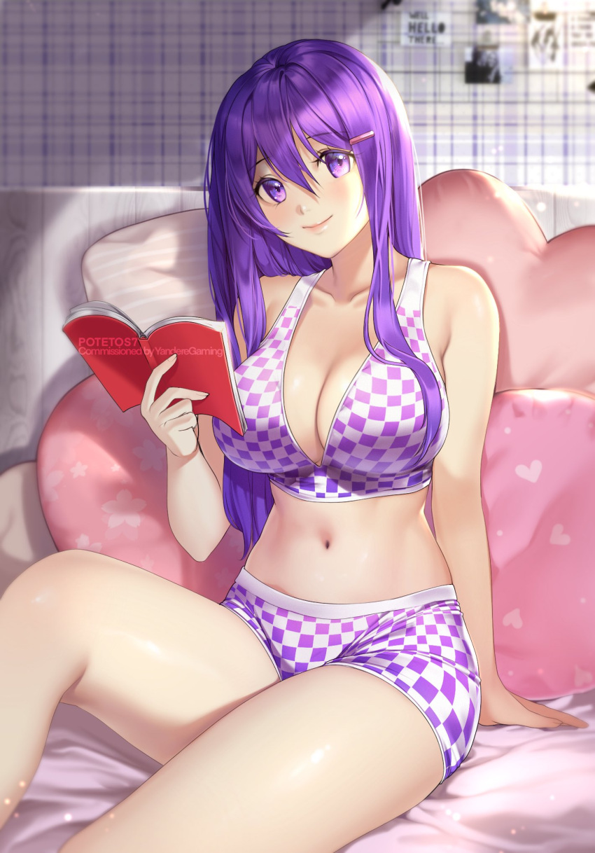 1girl, alternate_costume, bangs, bare_arms, bare_shoulders, book, breasts, casual
