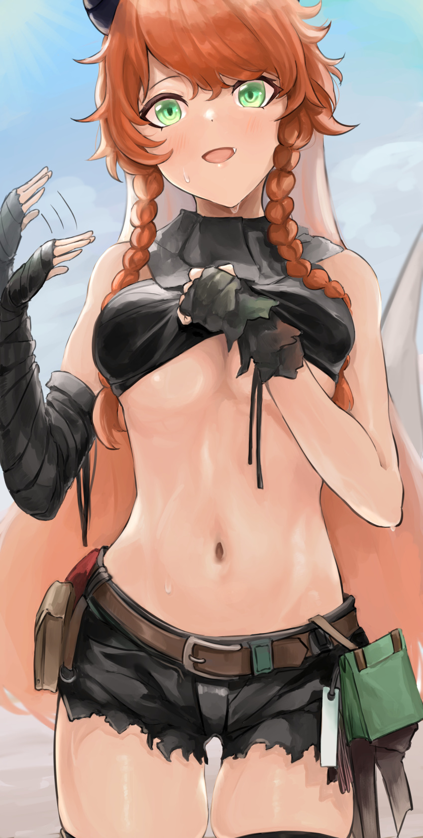 1girl, :d, absurdres, afterimage, arknights, bandaged_arm, bandages, bandeau