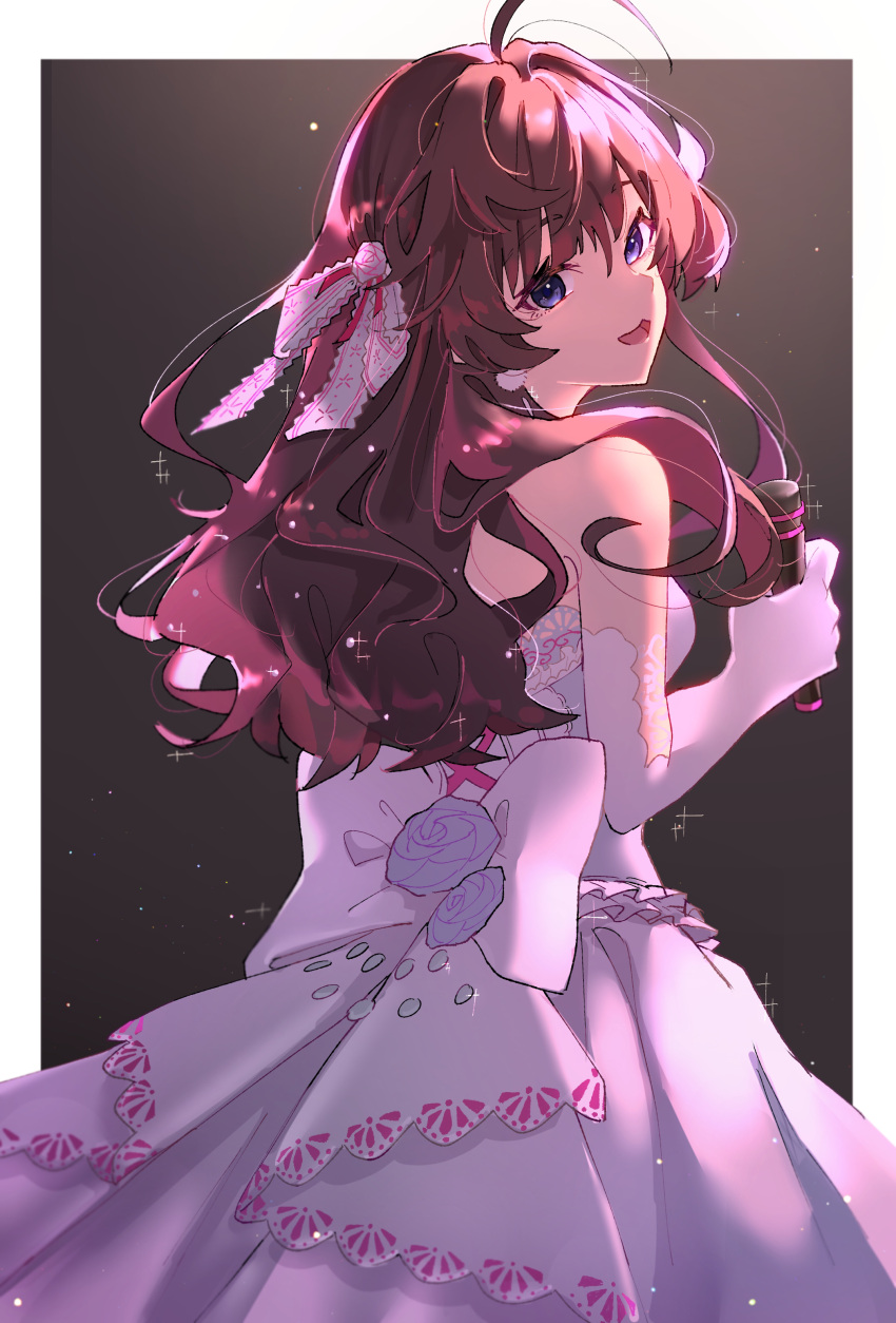 1girl, a_ruuuuuuuud, absurdres, bare_shoulders, black_background, blue_eyes, border, brown_hair