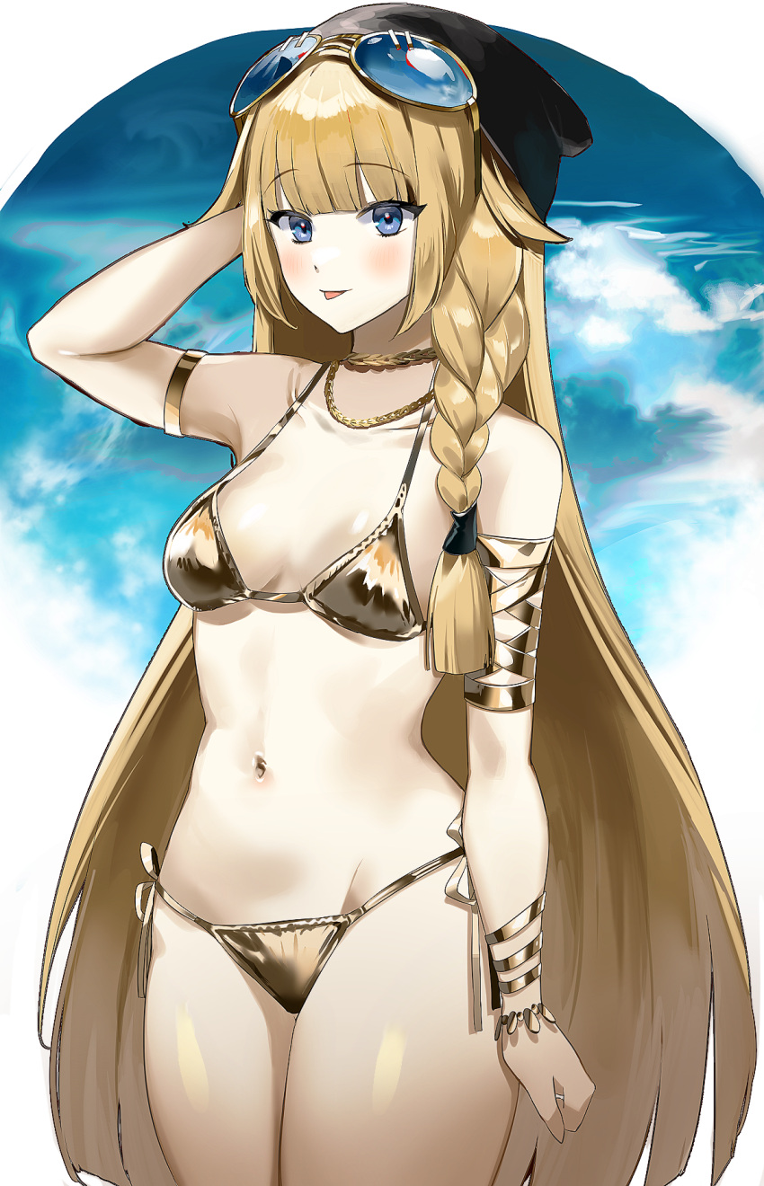 1girl, :p, bikini, blonde_hair, blue_eyes, blue_sky, blush, bracelet