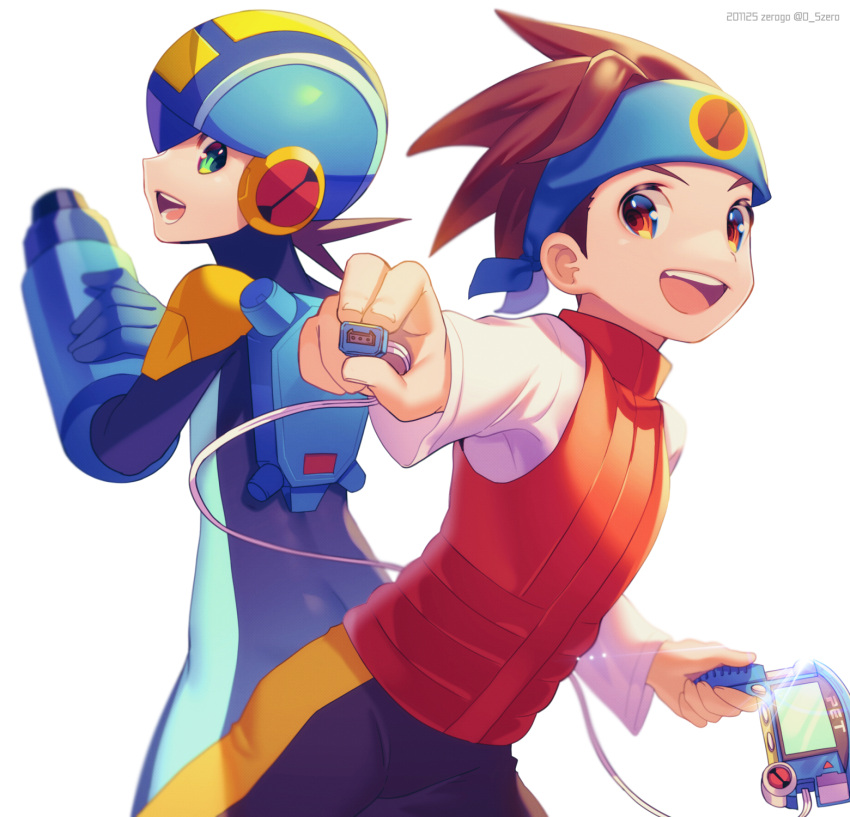 2boys, :d, arm_cannon, black_shorts, blue_headwear, blurry, bodysuit, brown_eyes, brown_hair, brown_vest, cable, commentary_request, copyright_name, depth_of_field, fingernails, gradient, gradient_background, green_eyes, happy, helmet, highres, hikari_netto, holding, holding_cable, long_sleeves, looking_at_viewer, looking_back, male_focus, mega_man_(series), multiple_boys, netnavi, open_mouth, personal_terminal, purple_bodysuit, rockman, rockman_exe, rockman_exe_(character), shirt, short_hair, shorts, simple_background, smile, spiky_hair, teeth, turtleneck, upper_teeth, vest, weapon, white_background, white_shirt, zero-go