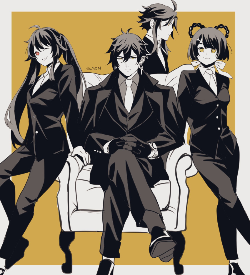 2boys, 2girls, :p, ahoge, armchair, artist_name, bangs, braid