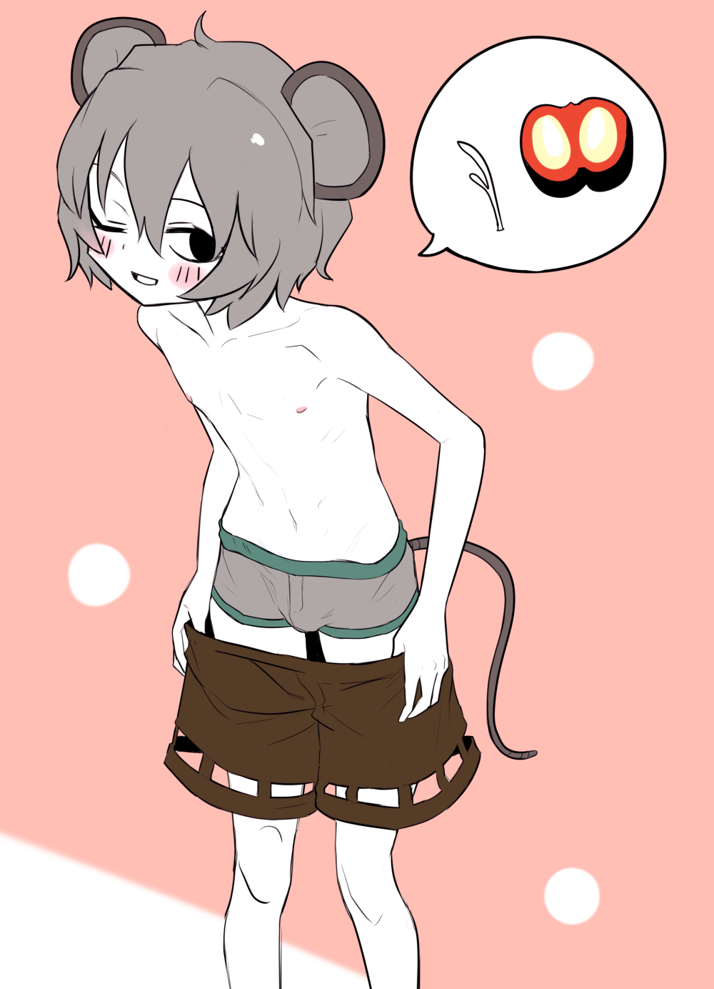1boy, adapted_costume, animal_ears, bangs, blush, briefs, brown_shorts, bulge
