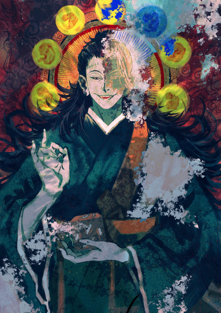 1boy, black_eyes, black_hair, black_kimono, cube, ear_piercing, extra_eyes, getou_suguru