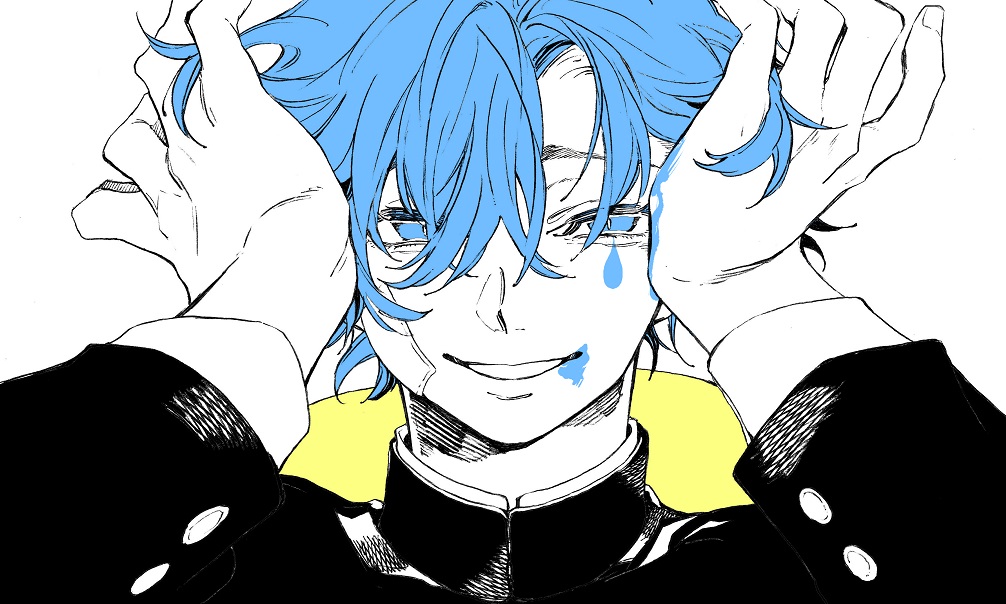 1other, bandaid, bandaid_on_cheek, bandaid_on_face, blue_eyes, blue_hair, gakuran, hands_in_hair