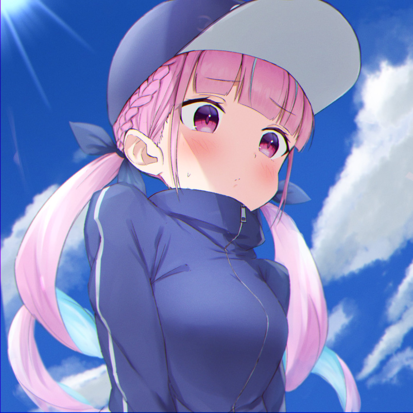 1girl, alternate_costume, bangs, baseball_cap, blue_headwear, blue_jacket, blue_ribbon, blue_sky