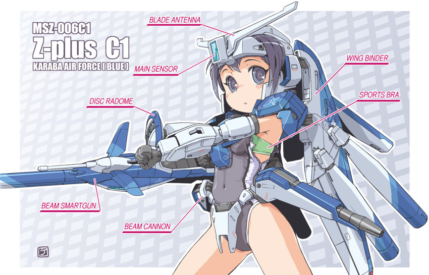 beam_rifle, blush, gun, gundam, gundam_sentinel, leotard, mecha_musume, purple_eyes, purple_hair, sports_bra, text, uni_tenten, unzipped, violet_eyes, weapon, zeta_plus