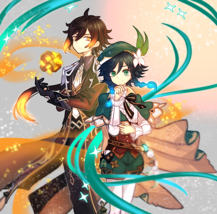 2boys, androgynous, bangs, beret, black_gloves, black_hair, blue_hair, blurry, bow, braid, brooch, brown_hair, cape, closed_mouth, cogotogalanthus, collared_cape, collared_shirt, corset, crossed_arms, earrings, eyeliner, feathers, floating, floating_object, flower, formal, frilled_sleeves, frills, gem, genshin_impact, gloves, gradient_hair, green_eyes, green_headwear, green_shorts, hair_between_eyes, hair_flower, hair_ornament, hair_tie, hand_on_own_chin, hat, highres, jacket, jewelry, leaf, long_hair, long_sleeves, looking_at_viewer, makeup, male_focus, multicolored_hair, multiple_boys, necktie, orange_hair, pantyhose, pinwheel, ponytail, ribbon, shirt, short_hair_with_long_locks, shorts, simple_background, single_earring, smile, sparkle, suit, tassel, tassel_earrings, thumb_ring, twin_braids, venti_(genshin_impact), vision_(genshin_impact), white_flower, white_legwear, white_shirt, yellow_eyes, zhongli_(genshin_impact)