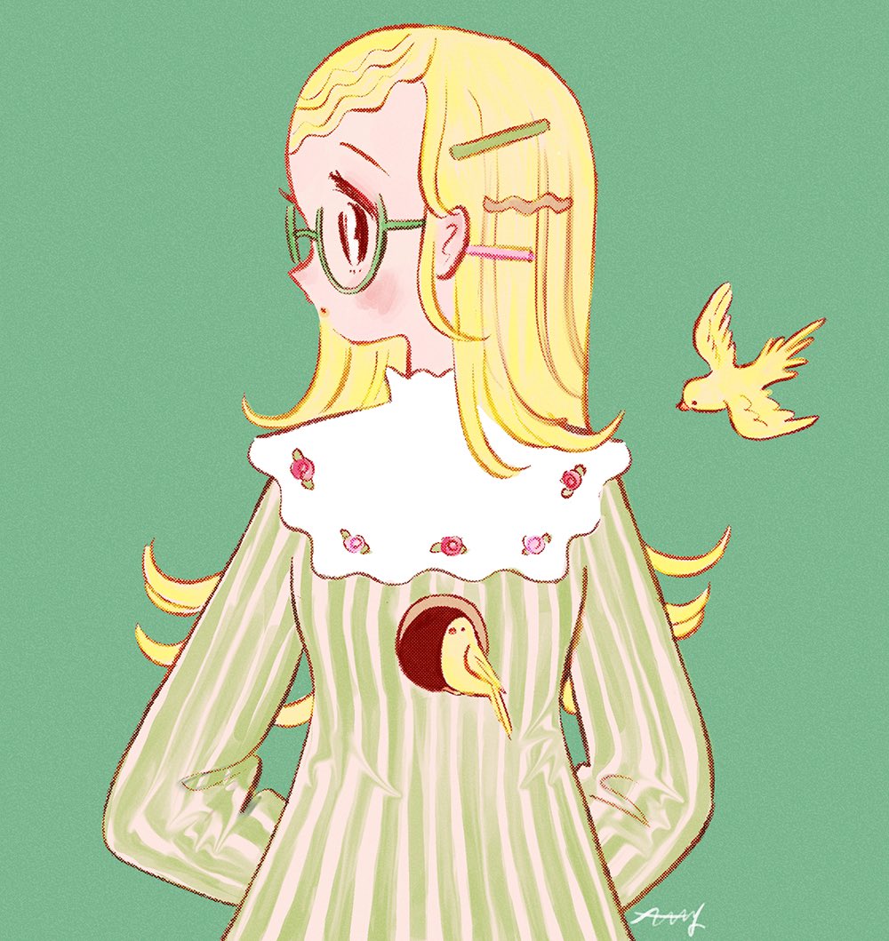 1girl, animal, arms_behind_back, bird, black_eyes, blonde_hair, blush, comcomblue, commentary, curly_hair, dress, english_commentary, expressionless, floral_print, glasses, green-framed_eyewear, green_background, green_dress, hair_ornament, hairclip, high_collar, hole, hole_in_chest, hole_on_body, long_hair, long_sleeves, original, parted_lips, profile, semi-rimless_eyewear, signature, simple_background, solo, straight_hair, striped, striped_dress, surreal, tareme, under-rim_eyewear, upper_body, vertical-striped_dress, vertical_stripes