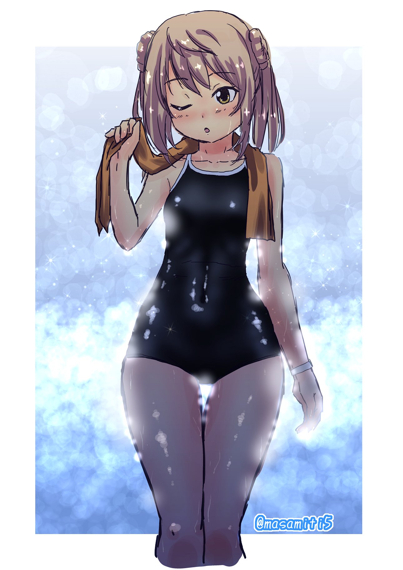 1girl, black_swimsuit, brown_eyes, collarbone, competition_school_swimsuit, covered_navel, cowboy_shot, dress