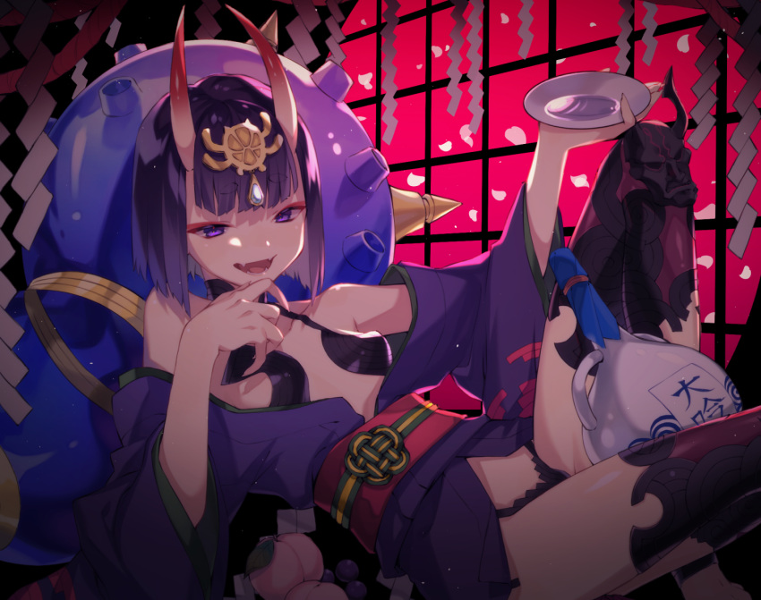 1girl, alcohol, bangs, bare_shoulders, bob_cut, bottle, breasts, collarbone