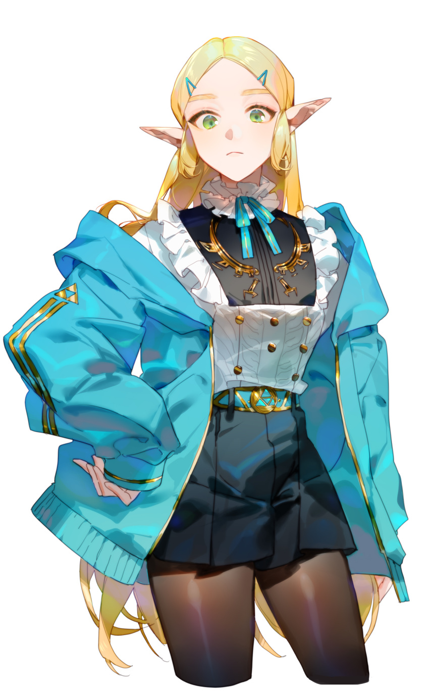 1girl, absurdres, alternate_costume, bangs, belt, black_skirt, blonde_hair, blue_jacket