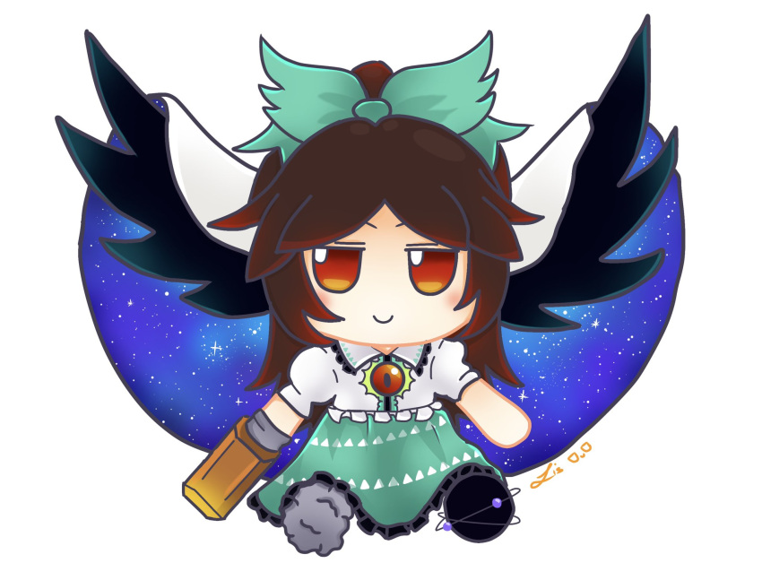 1girl, arm_cannon, artist_name, bangs, bird_wings, black_footwear, black_hair, black_wings