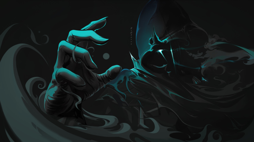 1boy, artist_name, black_background, blue_eyes, covered_face, english_commentary, excharny, gloves, glowing, glowing_eye, highres, hood, hood_up, male_focus, omen_(valorant), open_hand, smoke, solo, spot_color, valorant