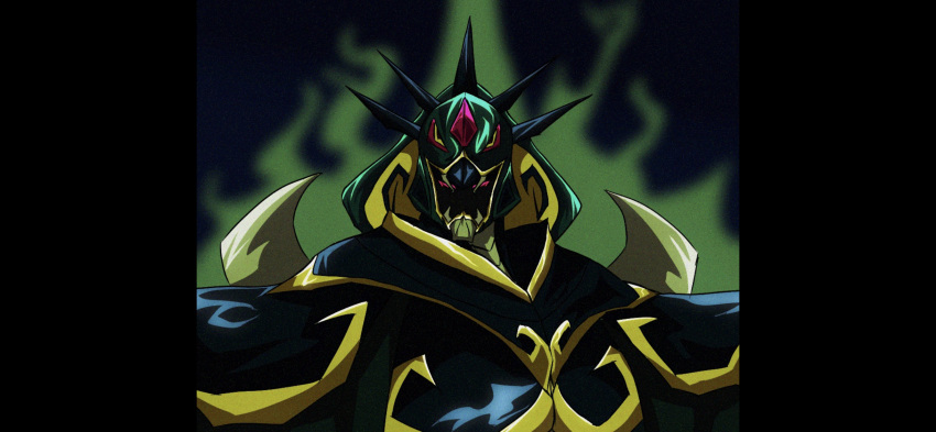 1other, armor, aura, body_armor, darknest, fake_screenshot, glowing, glowing_eyes, gold_armor, green_armor, helmet, highres, parody, pillarboxed, portrait, precure, retro_artstyle, shoulder_spikes, sind_ngmhn28, spiked_helmet, spikes, star_twinkle_precure, style_parody