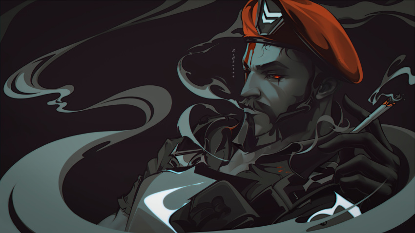 1boy, armor, artist_name, beard, beret, black_background, brimstone_(valorant), cigarette