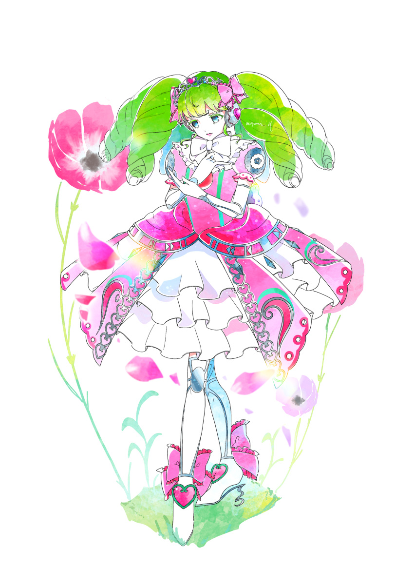1girl, absurdres, blue_eyes, boots, bow, bow_footwear, bowtie, crossed_legs, dress, drill_hair, elbow_gloves, falulu, floral_background, flower_request, frilled_bow, frilled_dress, frills, full_body, gem, gloves, hair_bow, hayasaka_megumi, headphones, heart, high_heel_boots, high_heels, highres, idol, layered_dress, lipstick, long_hair, looking_at_hand, makeup, petals, pink_bow, pink_dress, pink_lips, pretty_(series), pripara, puffy_short_sleeves, puffy_sleeves, short_sleeves, simple_background, solo, thigh-highs, thigh_boots, tiara, twin_drills, twintails, white_background, white_bow, white_dress, white_footwear, white_neckwear