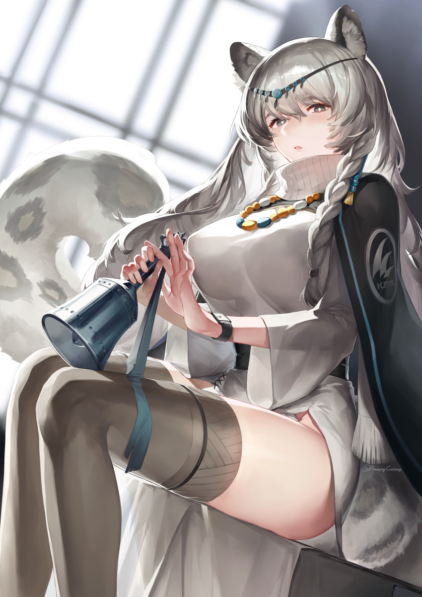 1girl, absurdres, animal_ears, arknights, bangs, bell, black_cape, breasts