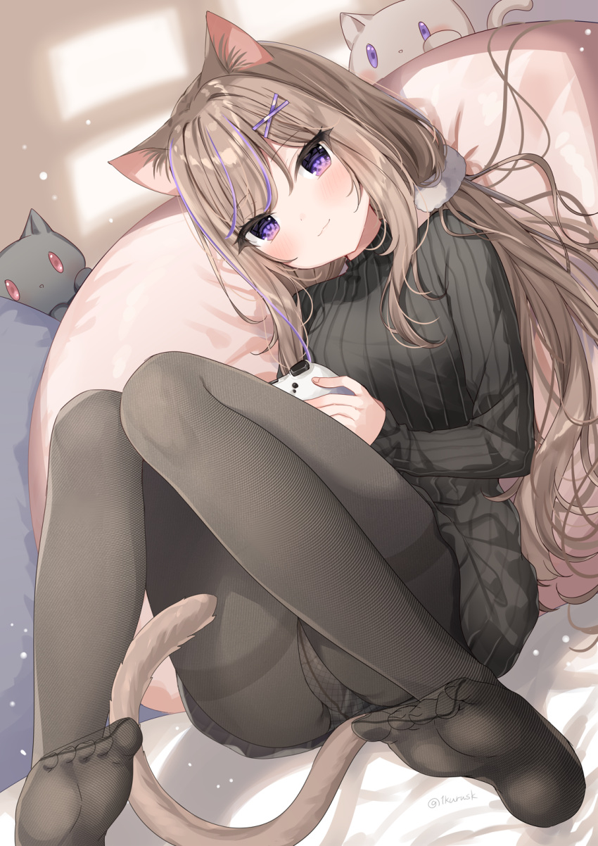 1girl, :3, animal_ears, bangs, black_legwear, black_sweater, blush, breasts
