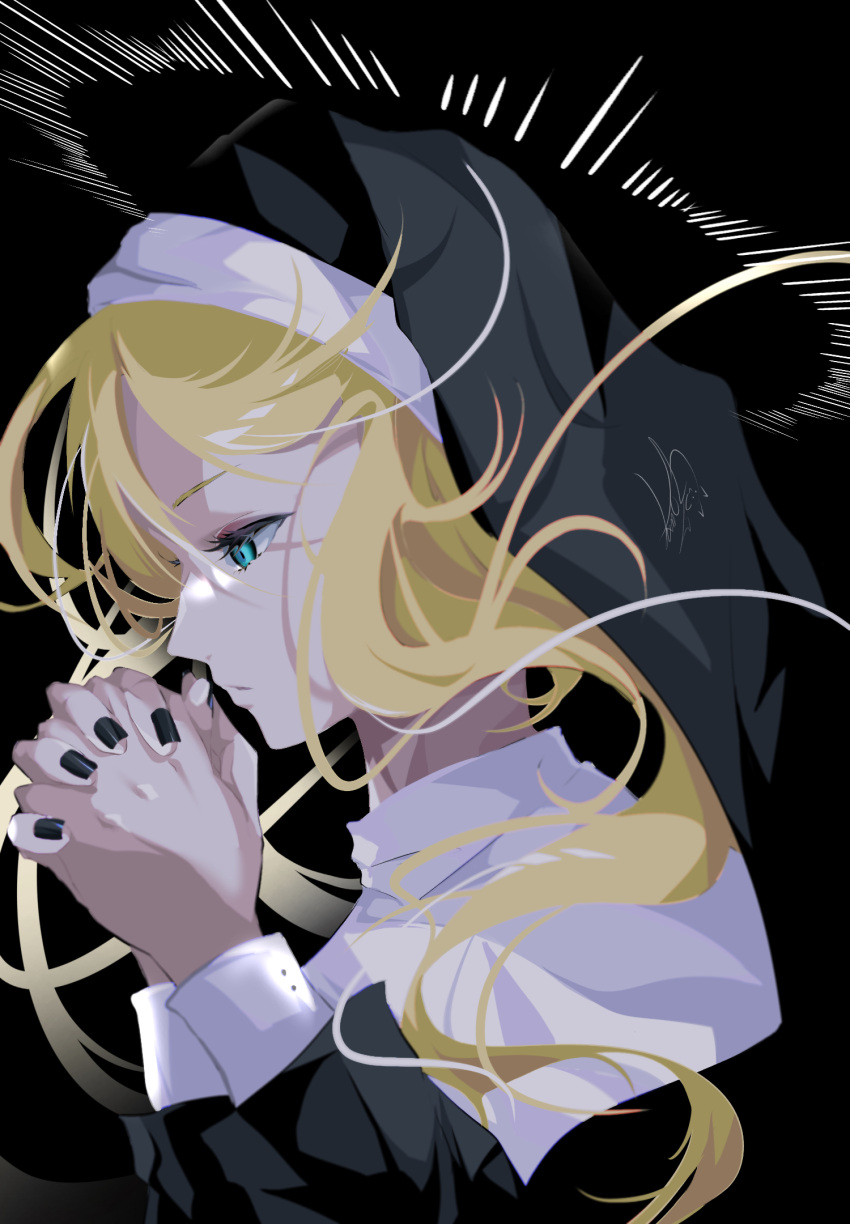 1girl, black_nails, blonde_hair, blue_eyes, floating_hair, from_side, goma_irasuto, habit