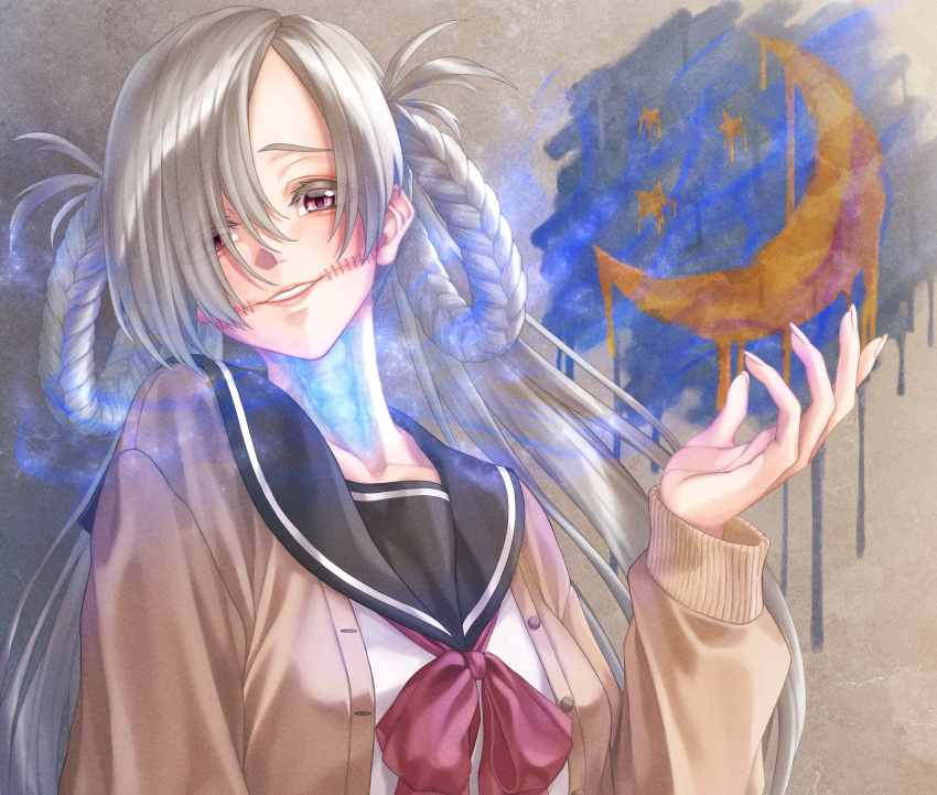 1girl, absurdres, braid, crescent, eyes_visible_through_hair, grin, highres, long_hair