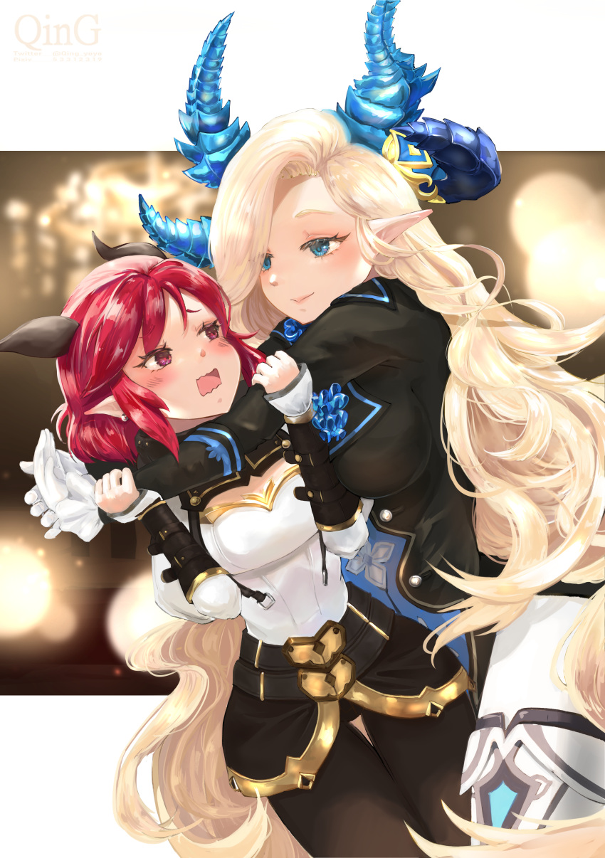 2girls, absurdres, blonde_hair, blue_eyes, blush, colored_skin, demon_girl, ear_piercing