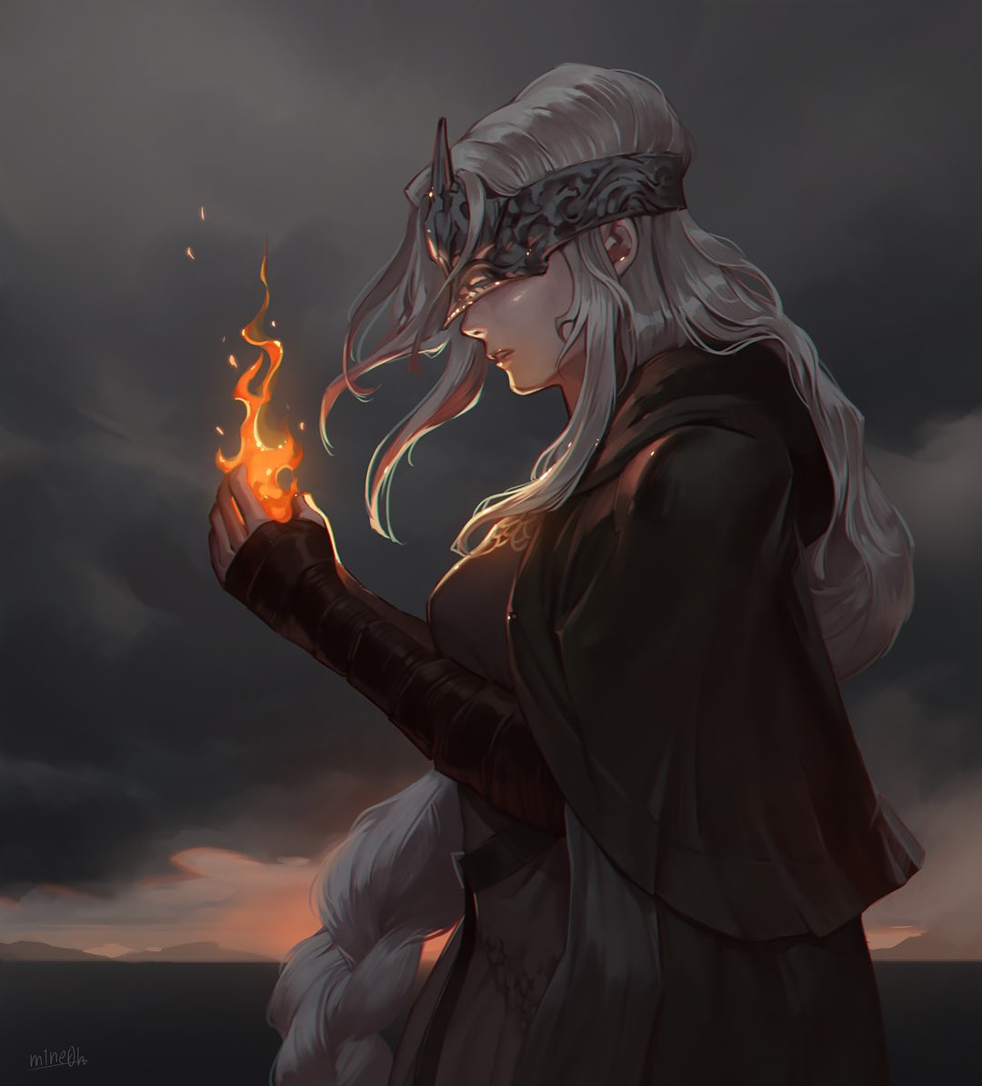 1girl, artist_name, bangs, braid, breasts, brown_capelet, brown_gloves, capelet, cloak, clouds, cloudy_sky, commentary_request, dark_souls_iii, elbow_gloves, fire, fire_keeper, flame, gloves, grey_hair, hand_up, holding_flame, jiro_(ninetysix), long_braid, long_hair, medium_breasts, outdoors, parted_lips, profile, shiny, shiny_skin, signature, sky, solo, souls_(from_software)