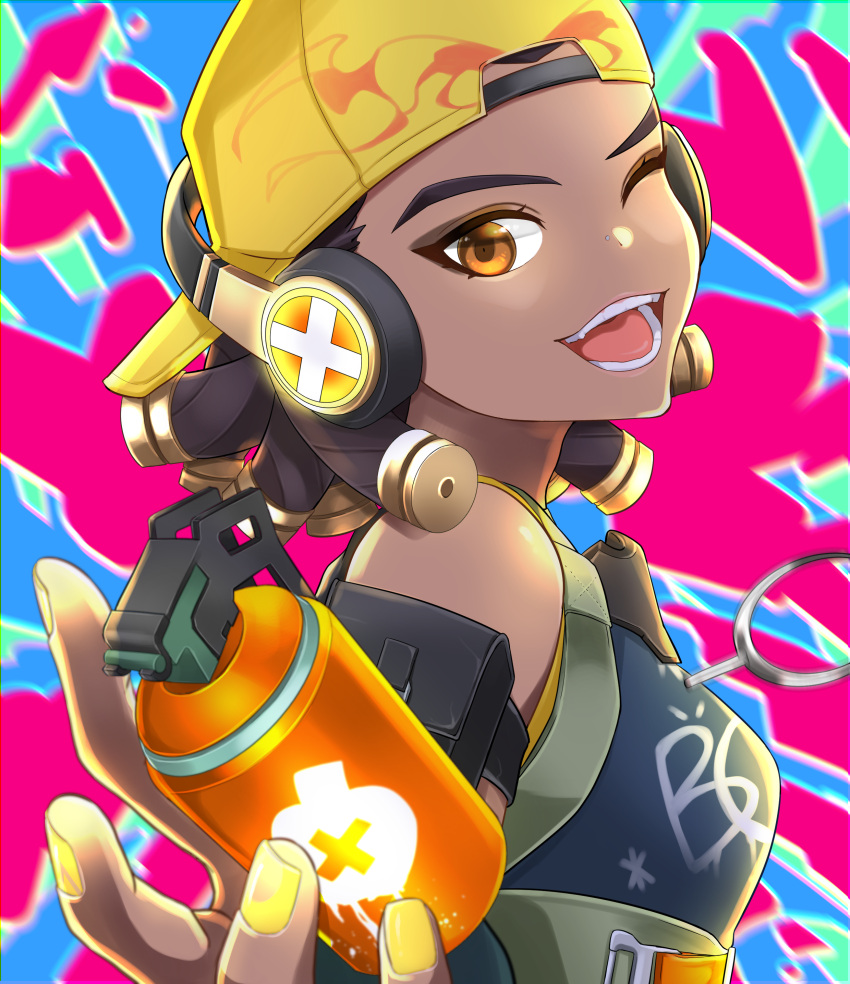 1girl, absurdres, arm_strap, backwards_hat, breasts, brown_eyes, dark_skin, dark-skinned_female