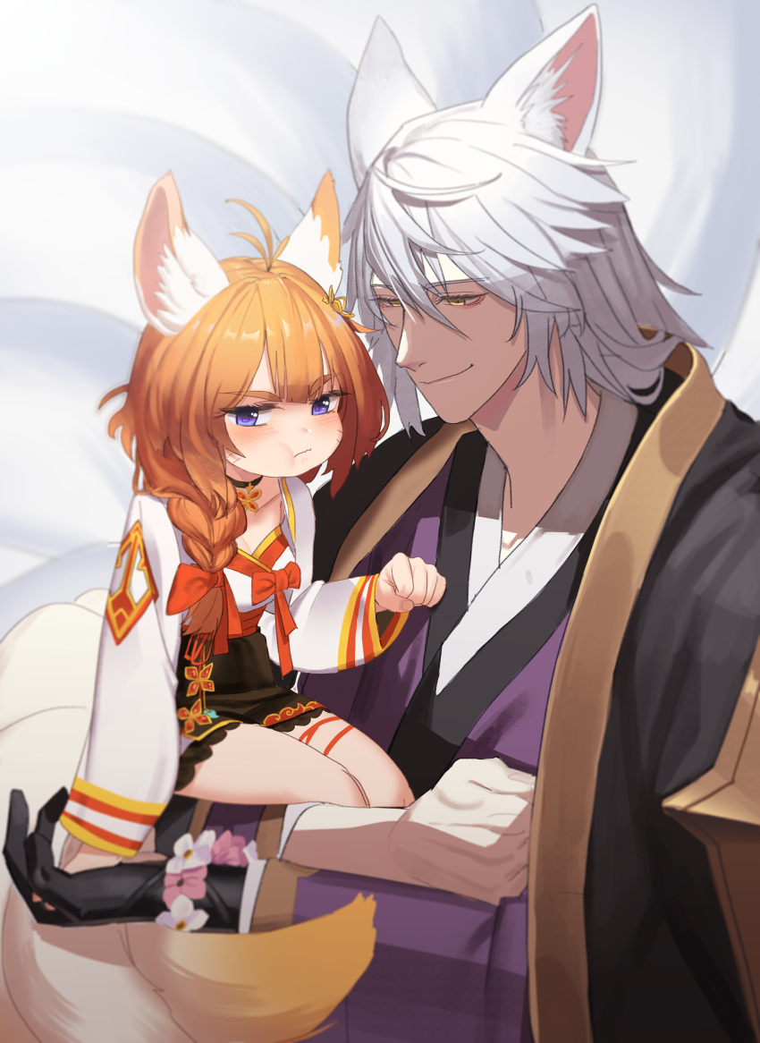 absurdres, animal_ears, blue_eyes, blush, collar, colored_skin, eight-tailed_fox_nari, flower, fox_boy, fox_ears, fox_girl, fox_tail, gloves, guardian_tales, highres, jiki_(gkdlfnzo1245), multiple_tails, multiple_views, nine_tailed_fox_graham, orange_hair, red_ribbon, ribbon, silver_hair, smile, tail, white_skin, yellow_eyes