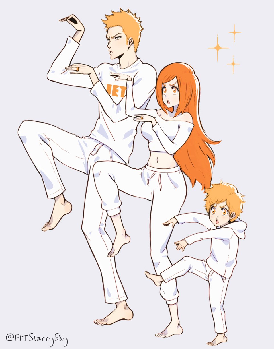1girl, 2boys, bare_shoulders, barefoot, bleach, bleach:_epilogue, family, father_and_son, full_body, highres, ichihime, inoue_orihime, kurosaki_ichigo, kurosaki_kazui, long_hair, mother_and_son, multiple_boys, open_mouth, orange_eyes, orange_hair, parody, shirt, short_hair, simple_background, smile, spoilers, white_shirt