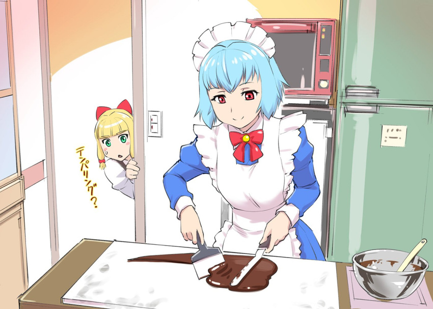 2girls, blonde_hair, blue_hair, breasts, chocolate, closed_mouth, dorae_tachibana_doryaef, hair_ribbon