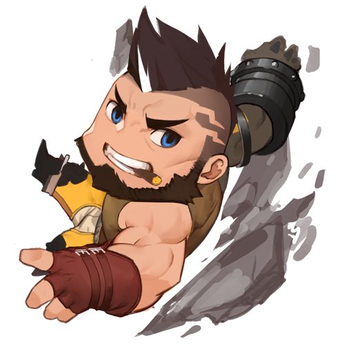 1boy, bandaid, bandaid_on_cheek, beard, black_hair, blue_eyes, chibi, cigar, cyphers, damian_doyle_(cyphers), facial_hair, fighting_stance, full_body, gomtang, green_tank_top, lowres, male_focus, mature_male, mohawk, muscular, muscular_male, short_hair, sidepec, solo, tank_top